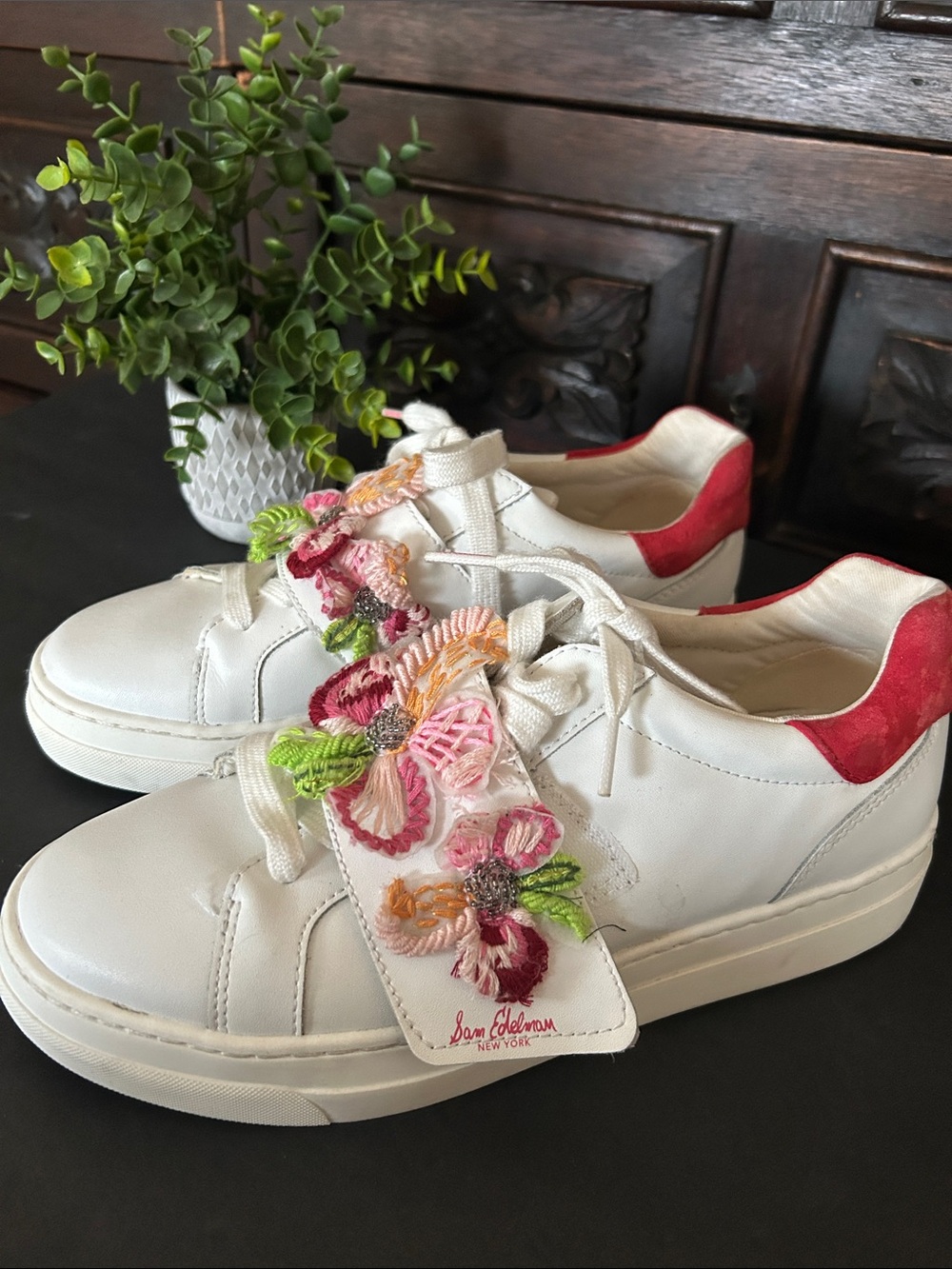 Sam Edelman White Leather Sneakers with Pink Suede Heel and Floral Embroidery